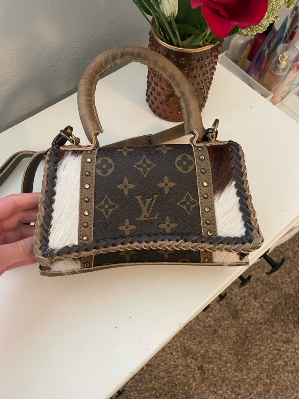 Louis Vuitton Brown Monogram Mini Satchel with White and Dark Brown Haircalf